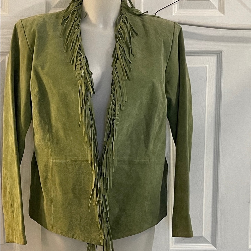 DIALOGUE GREEN FRINGED SUEDE LEATHER WASHABLE JACKET HOOK & EYE CLOSURE SZ MED